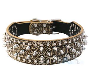 New Gold Brown Pet Dog Spiked Studded PU Leather Collars Pitbull Collars Size L