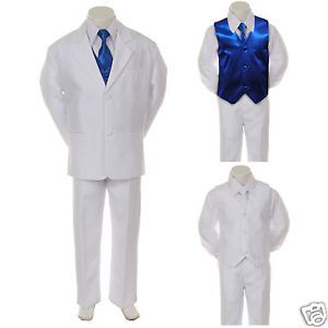 Boy Teen Formal Wedding Party White 7pc Suit Tuxedo Royal Blue Vest Tie 8 14