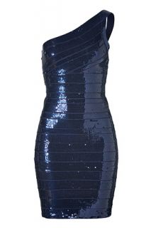 Navy Blue Sequined One Shoulder Bandage Dress by HERVÉ LÉGER