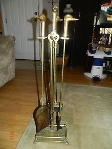 Vintage Ornate Brass Duck Head Handle Fireplace Poker Broom Shovel Tool Set