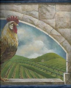 Rooster Rises in The Tuscan Valley Topiaries Blue Trim Wallpaper Border