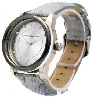 Isaac Mizrahi Live Women's Round Lucite Gray Leather Analog Casual Watch