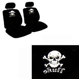 6 PC White Skull Skeleton Black Low Back Front Bucket Truck Seat Covers Set