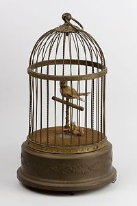 Vintage Early 20th C French Animated Singing Bird in Brass Cage Music Box RARE