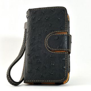 Luxury Ostrich Leather Case Cover Flip Diary Clutch Wallet Black for iPhone 4 4S