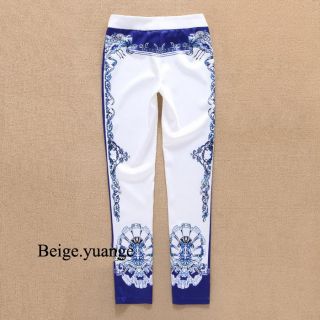 Runway Blue and White Porcelain Cotton Pants Legging Working Evening