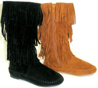 Girls Kids Cherokee Indian Moccasin Fringe Tassel Tall Flat Boots Faux Suede