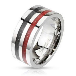 Stainless Steel Double Black and Red Carbon Fiber Inlay Wide Band Ring 980