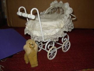 Vtg Baby Doll White Wicker Small Fancy Stroller Buggy Pram w Lace Bedding Dog