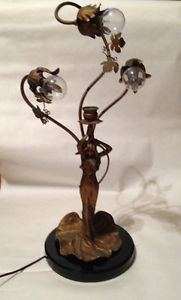 Vtg Antique Art Nouveau Art Deco Lamp Lady Lily Pad 3 Bulb Brass Spelter Bronze