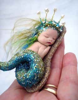 OOAK Fairy Sleeping Baby Mermaid Art Doll Polymer Clay Sculpt Jewel