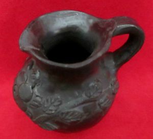 Signed Dona Rosa Oaxacan Mexico Black Clay Folk Pottery Pitcher Carved Flowers