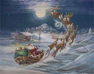 Folk Art Beautiful Country Christmas Cabin Santa Reinder Sleigh Byrum Print