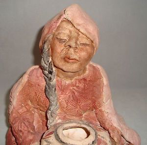 Native American Indian Lady Girl Clay Statue Sculpture Holding Pottery Bowl