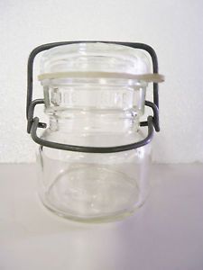 Antique 1893 FP 2 Clear Glass Half Pint Canning Jar Star Wire Bail Side w Lid