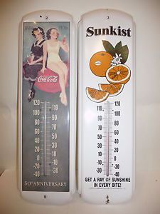 2 Vntg Adv Thermometers 1886 1936 Coca Cola 50 Anniv Sunkist Sunshine Metal Sign