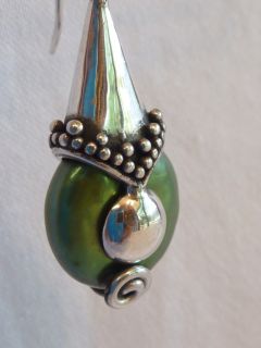 925 Solid Sterling Silver Green Biwa Pearl Earrings Handmade Gift Valentine'S