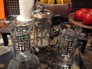 2 BODUM COFFEE TEA CUPS STAINLESS STEEL HOLDERS + SMALL FRENCH PRESS COFFEE POT