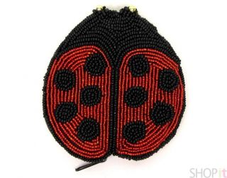 Beaded Coin Change Purse Zip Pouch Bag Ladybug Red Blk
