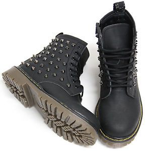 Womens Black Studded Spike Zip Combat Boots US6 11 Womans Military Biker Shoes
