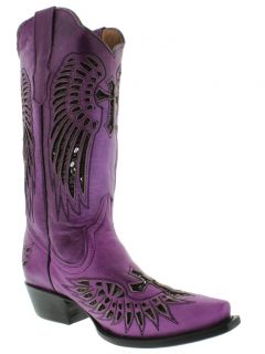 Women's Ladies Purple Leather Cowboy Boots Sequins Western Riding Biker Rodeo