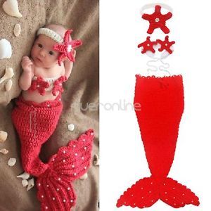 3pcs Set Newborn Baby Girls Mermaid Outfit Crochet Knit Tail Costume Photo Props