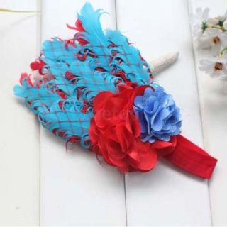 Lovely Girls Baby Feather Flowers Headwear Headband Red and Deep Sky Blue