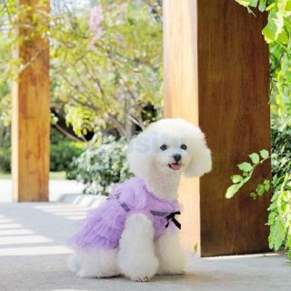 Purple Layered Mesh Bowtie Dress Skirt Pet Dog Costume Party Wedding Clothes S