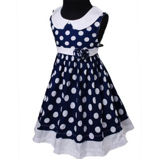 D352 Baby Girls Navy Blue White Polka Dots Party Lapel Cotton Floral Dress