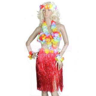 Red 5 Piece Adult Hawaiian Hula Luau Grass Dancer Skirt Fancy Dress Costume New
