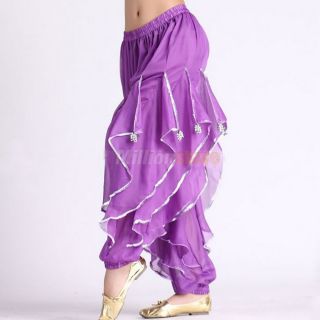 Belly Dance Costume Chiffon Pants Bloomers Silver Wave Sequins Purple US Seller