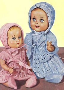 10 12" Baby Doll Clothes Knitting Pattern Dress Bonnet