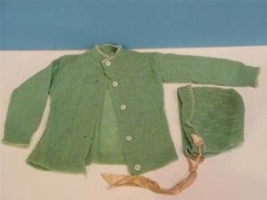1950s 15 16" Baby Doll Clothes Green Knit Sweater Matching Bonnet Satin Ribbon