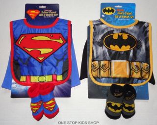 Batman or Superman Infant Baby Costume Caped Bib Booties Set Socks Super Hero