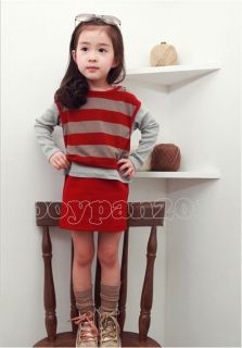 New Kids Toddlers Girls Sports Lovely Stripe Long Sleeve Cotton Dress Ages 2 8Y