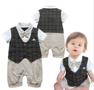 1pc Baby Boy Toddler Kids Plaids Romper Jumpsuit Outfit Clothes Bow Tie 18 24M