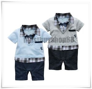 Baby Toddler Boy Grey Pale Blue Checker Shirt Costume One Piece 3 15months