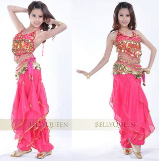 Belly Dance Costume Peppers Top Bra with Gold Wavy Harem Pants Skirt Set 8 Color