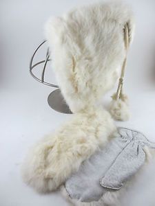 Vtg White Real Rabbit Fur Snow Bunny Hat and Mittens Children's Set