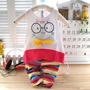 Summer Baby Girl Boys Glasses Cat T Shirt Rainbow Pants Costume Set Best Gift