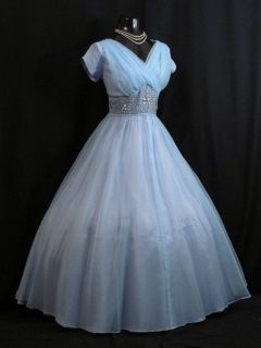 Vintage 1950's 50s Baby Blue Beaded Chiffon Party Prom Dress RARE L XL Plus Size