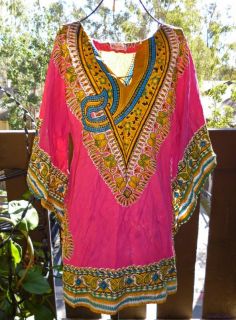 Maharani Vintage 70's Dashiki Tunic Pink Elephant Hippy Ethnic Boho Dress Top
