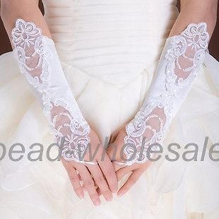 Bride Wedding Dress Fingerless Pearl Lace Satin Bridal Gloves Costume White