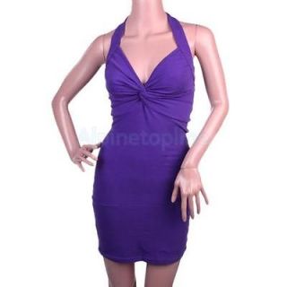 Sexy Women Twist Knot Club Wear Halter Cocktail Party Stretch Mini Dress Purple