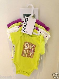 5 Pcs DKNY Baby Girls Bodysuit Shirt Clothes Green Purple White Size 3 6M