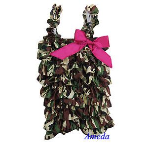Baby Girls Green Camo Hot Pink Bow Satin Petti Romper Rompers Bodysuit NB 5Y