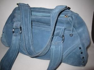 Desmo Lightly Used Unique Baby Blue Suede Handbag with Silver Hardware