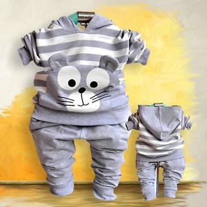 Funny Stripe Cat Baby Boys Clothing 2pcs Set Hoody Pants Kids Clothings Outfits
