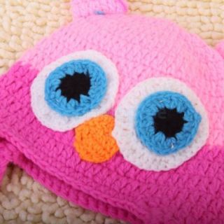 3pcs Toddler Baby Handmade Owl Ear Flap Hat Crochet Knit Cap Beanie Hot Pink
