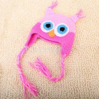 3pcs Toddler Baby Handmade Owl Ear Flap Hat Crochet Knit Cap Beanie Hot Pink